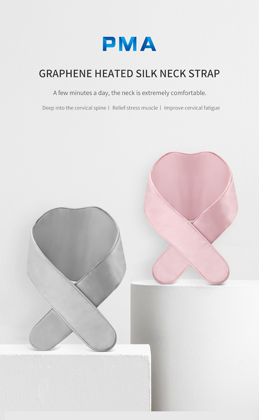 C10 Graphene Heated Silk Neck Strap: pink and gray neck strap display.