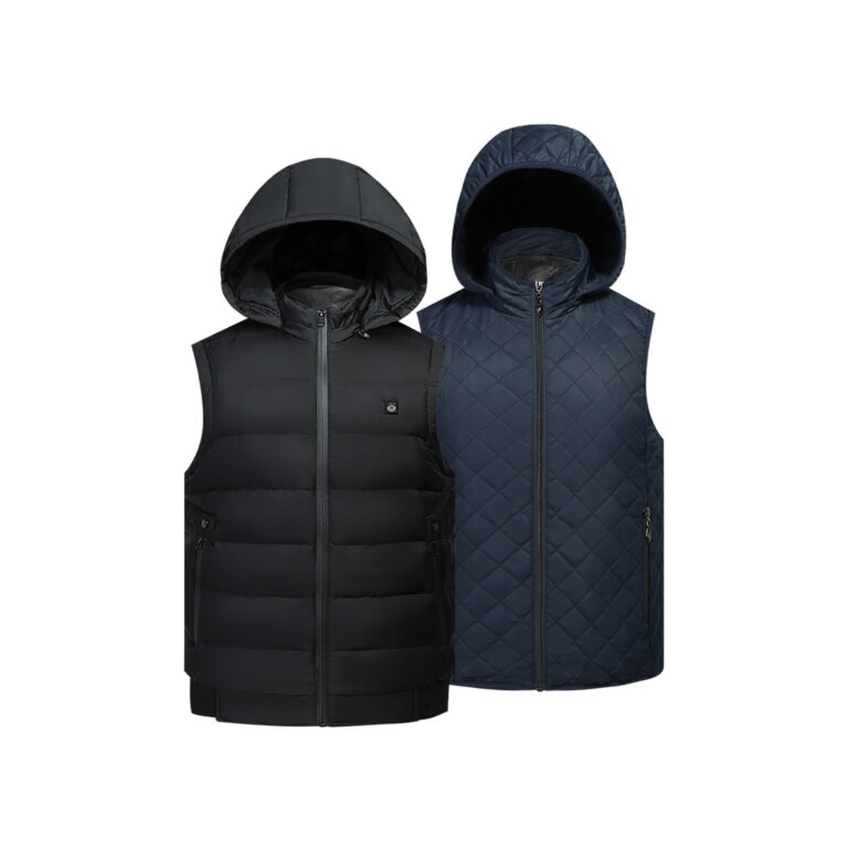 J10 Graphene Heated Casual Vest: black and blue hooded vests displayed together.