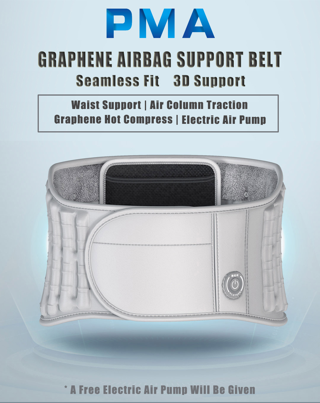 D30 Graphene Heated Airbag Lumbar Support Belt: white airbag belt product overview.