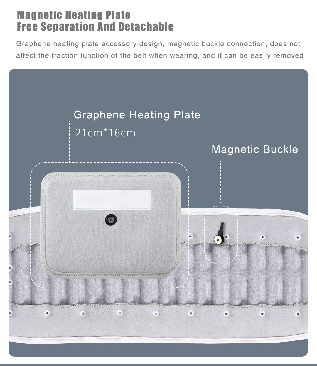 D30 Graphene Heated Airbag Lumbar Support Belt: removable heating insert and fastening diagram.