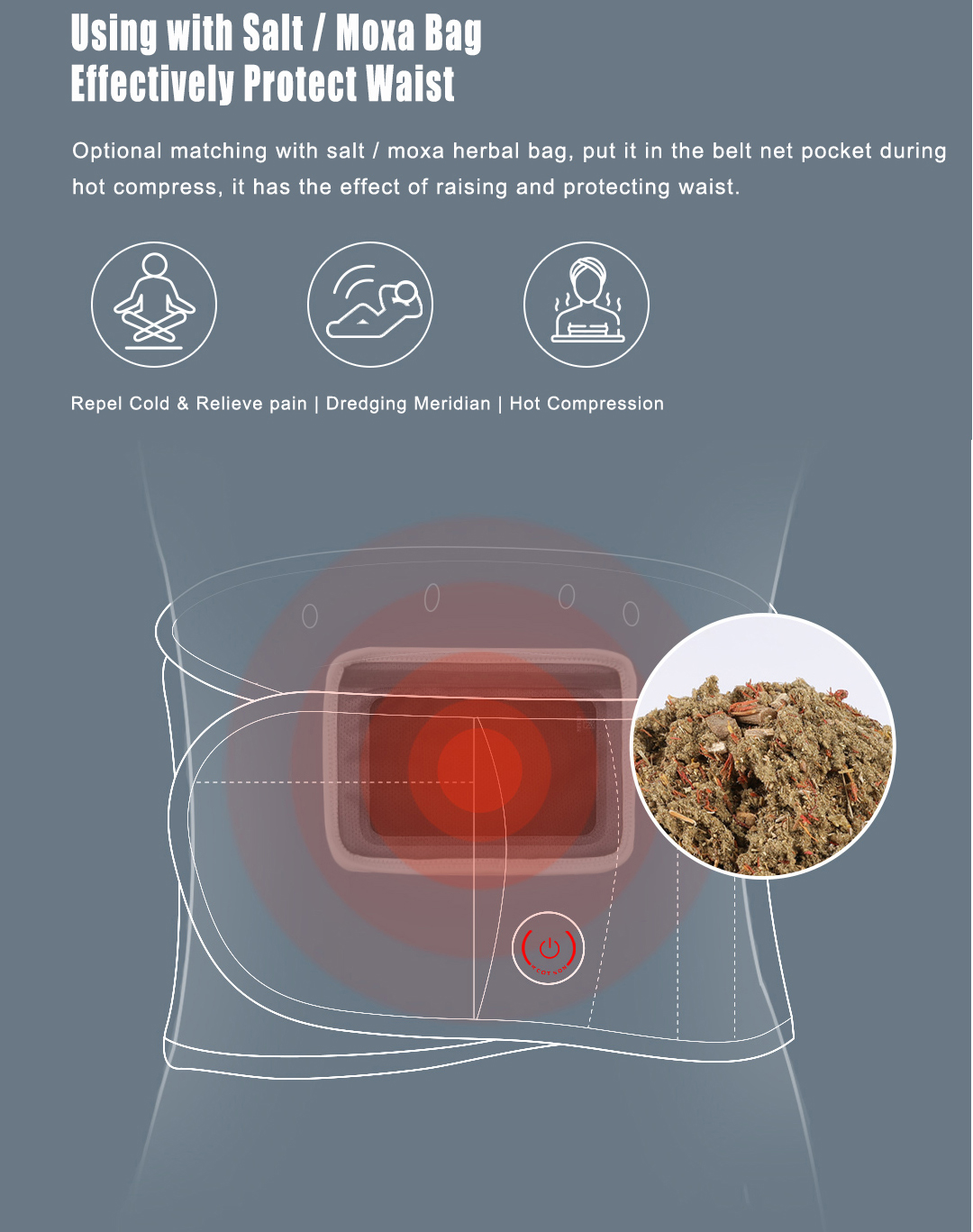 D30 Graphene Heated Airbag Lumbar Support Belt: waist illustration and removable insert.