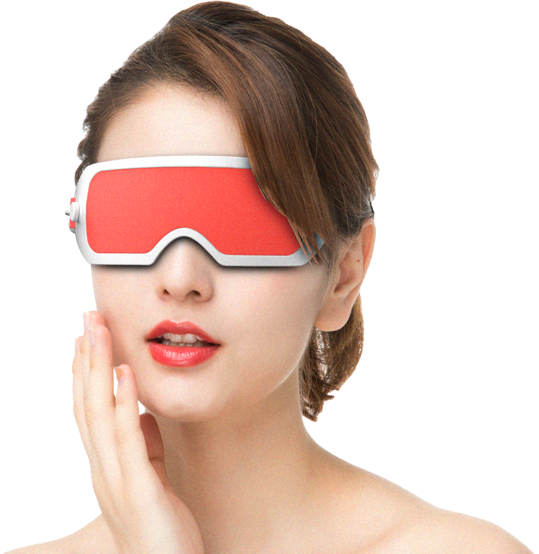 F30 Graphene Heated Sleep Eye Mask: red mask front wearing view.