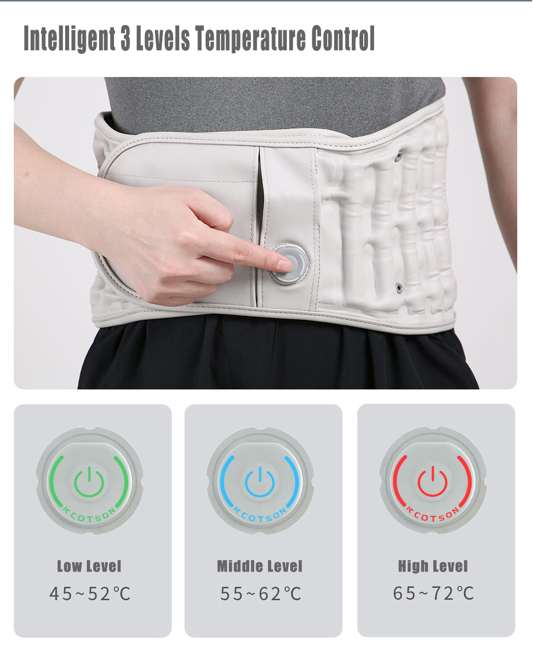 D30 Graphene Heated Airbag Lumbar Support Belt: control button and three-color indicator guide.