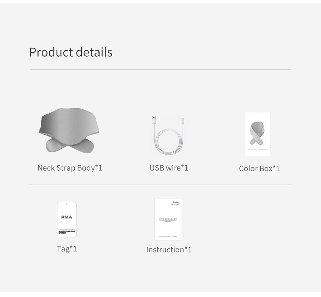 C10 Graphene Heated Silk Neck Strap: neck strap, USB cable, packaging and printed instructions.