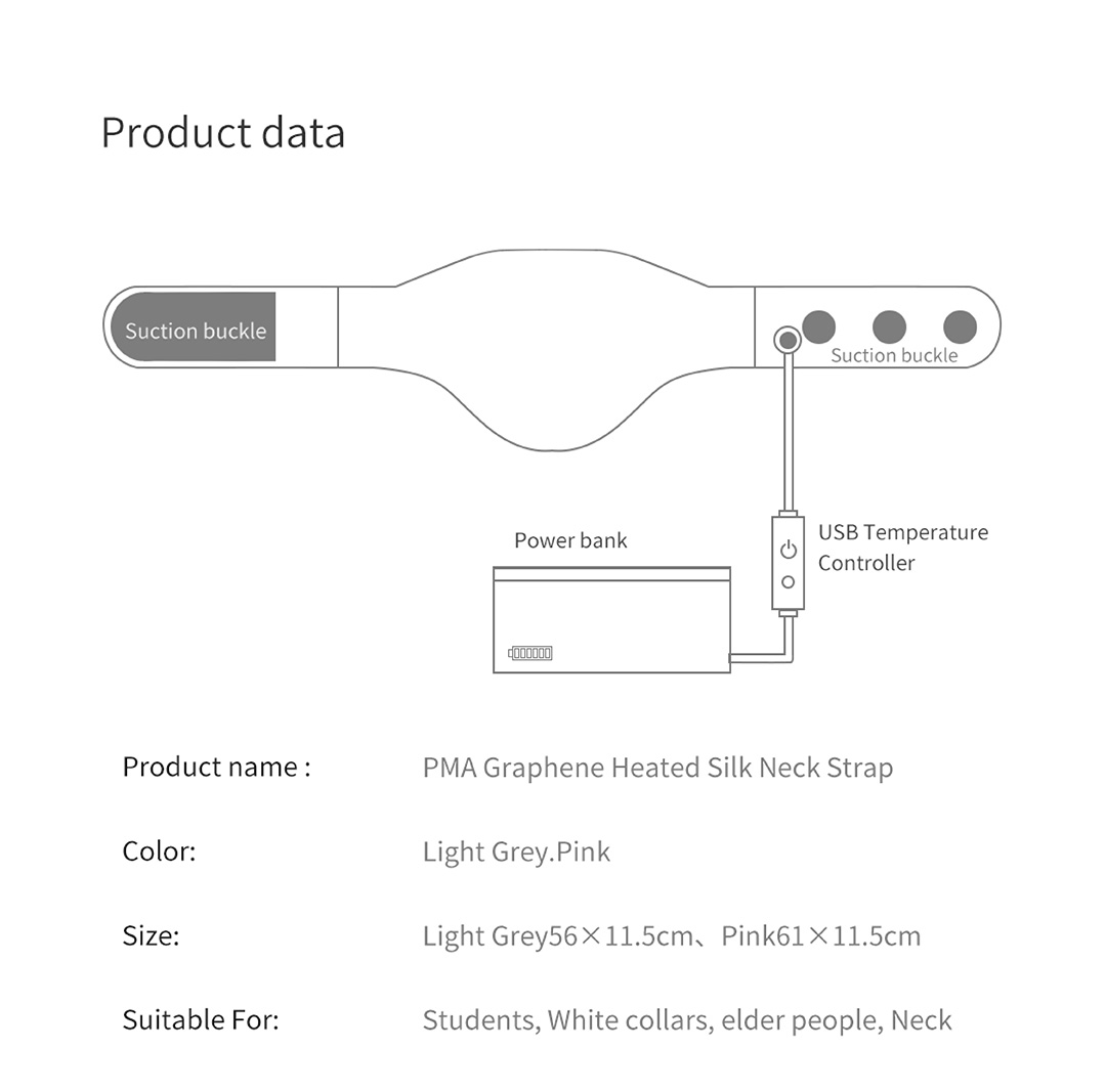C10 Graphene Heated Silk Neck Strap: flat strap component diagram and specification panel.