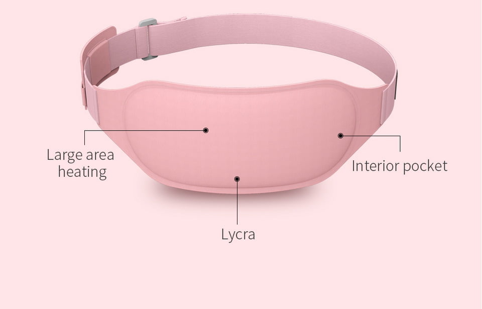 S20 Graphene Heated Abdomen Belt: fastened belt with material and pocket callouts.