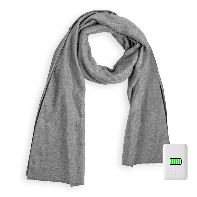 R10 Graphene Heated Scarf: gray scarf with external power pack.