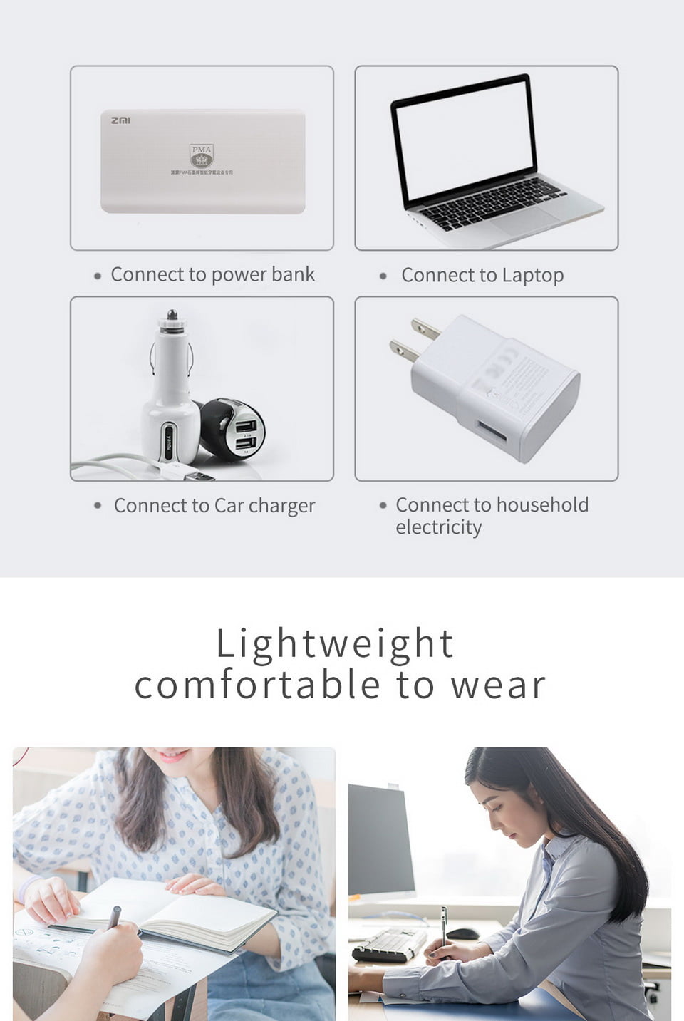 S20 Graphene Heated Abdomen Belt: power connection diagrams and use examples.