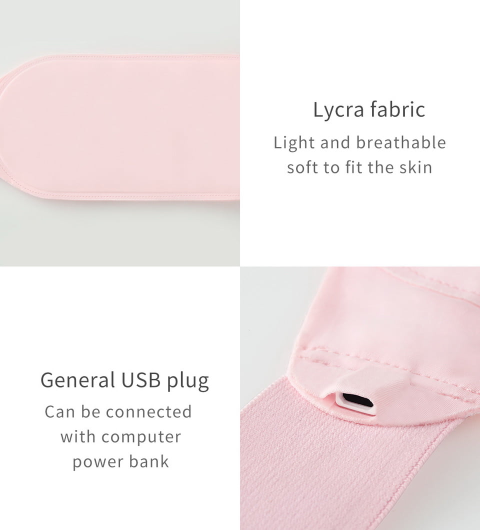 S20 Graphene Heated Abdomen Belt: fabric texture and USB port close-ups.