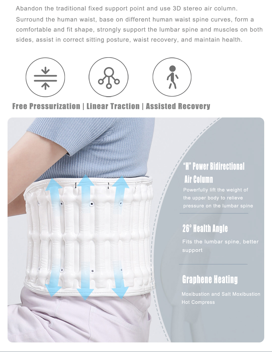 D30 Graphene Heated Airbag Lumbar Support Belt: waist contact and airbag structure diagram.