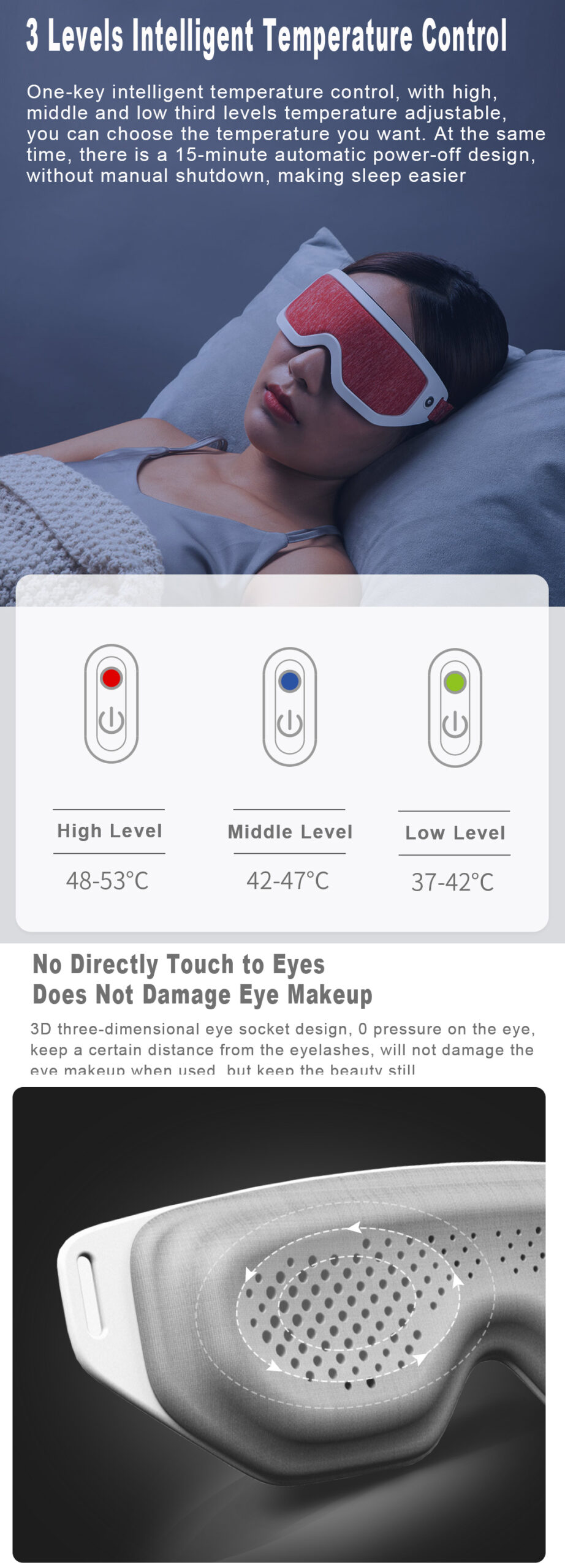 F30 Graphene Heated Sleep Eye Mask: temperature guide and contoured inner surface.