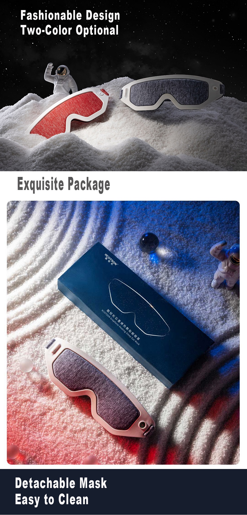 F30 Graphene Heated Sleep Eye Mask: mask colors, packaging and removable layer.