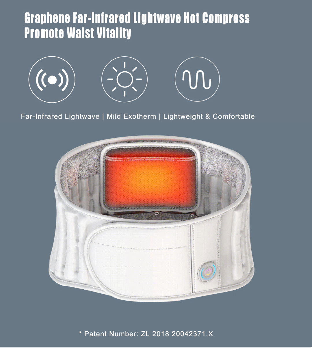 D30 Graphene Heated Airbag Lumbar Support Belt: inner pad with the heating zone highlighted.