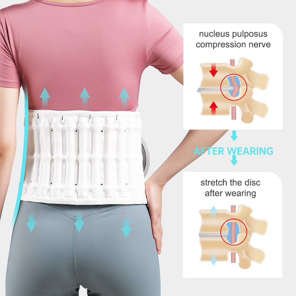 D30 Graphene Heated Airbag Lumbar Support Belt: rear wearing view and support illustration.