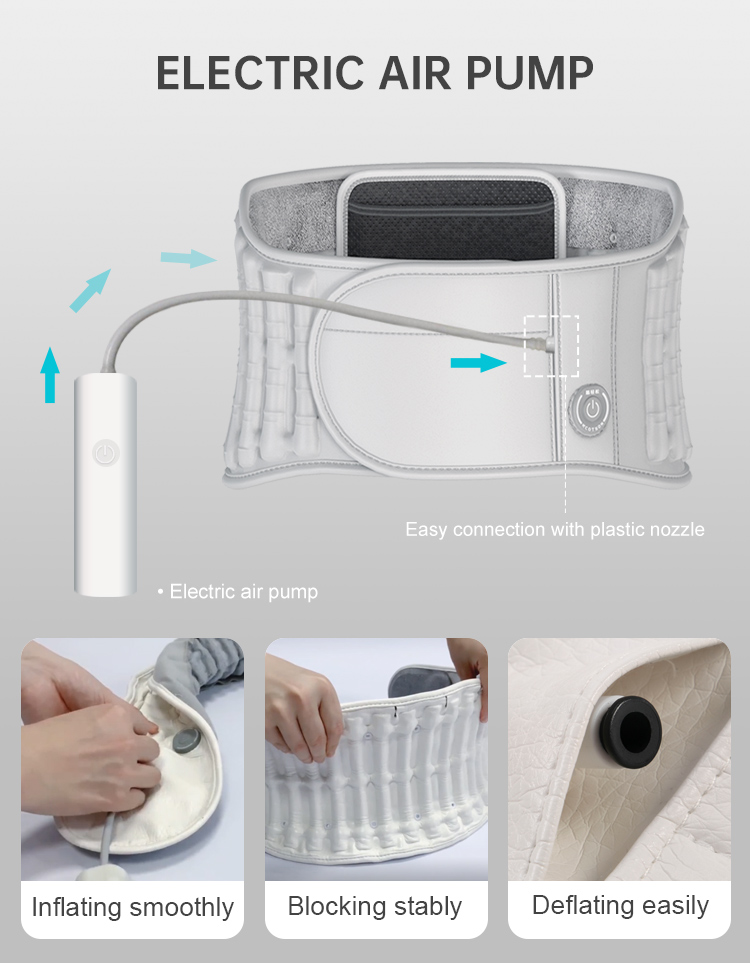 D30 Graphene Heated Airbag Lumbar Support Belt: air pump connection, inflation valve and fastening details.