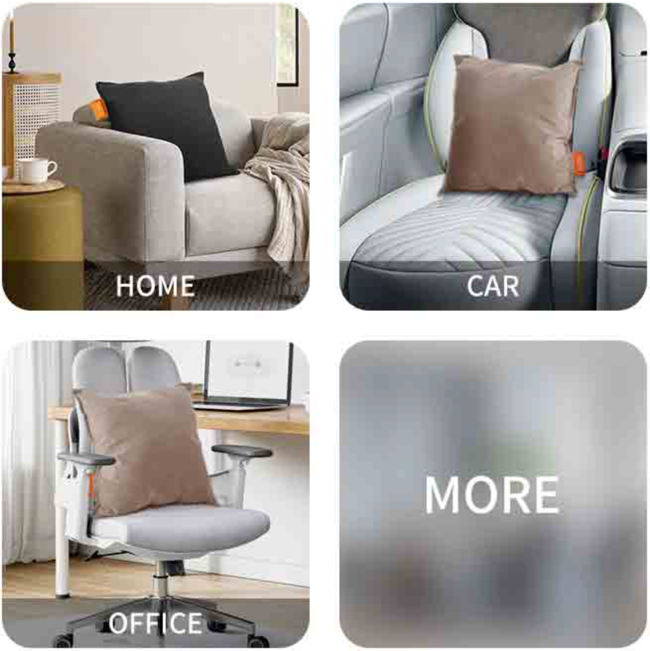 Graphene Far Infrared Heating Pillow Blanket: pillow use examples in home, car and office settings.