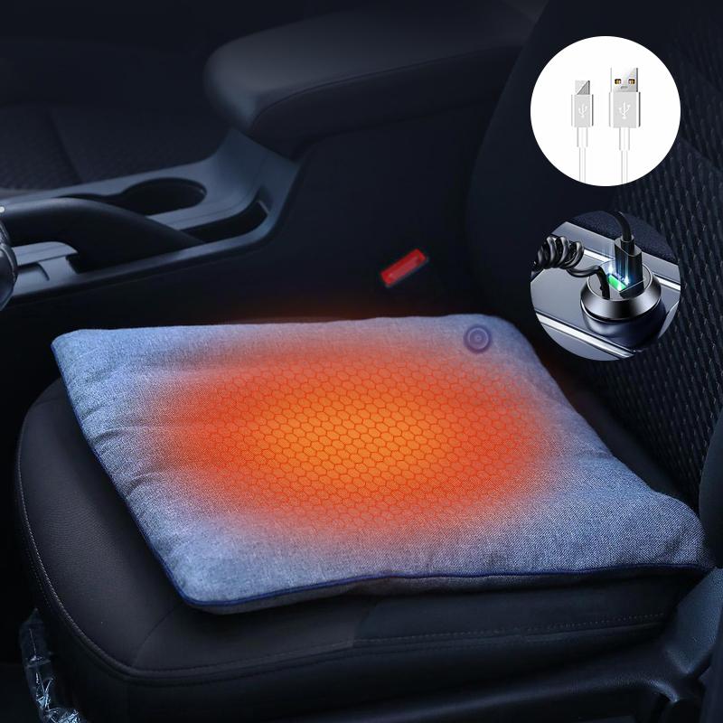 Graphene Heating Seat Cushion: seat cushion on a car seat with power connection illustrations.