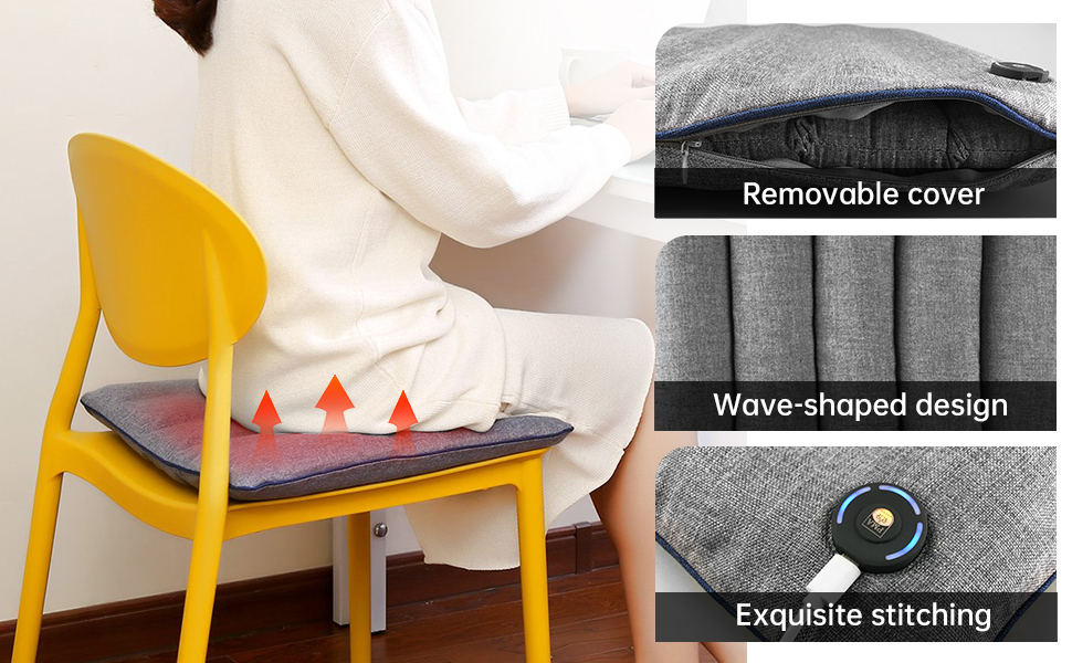Graphene Heating Seat Cushion: seated use with cover, quilting and button details.