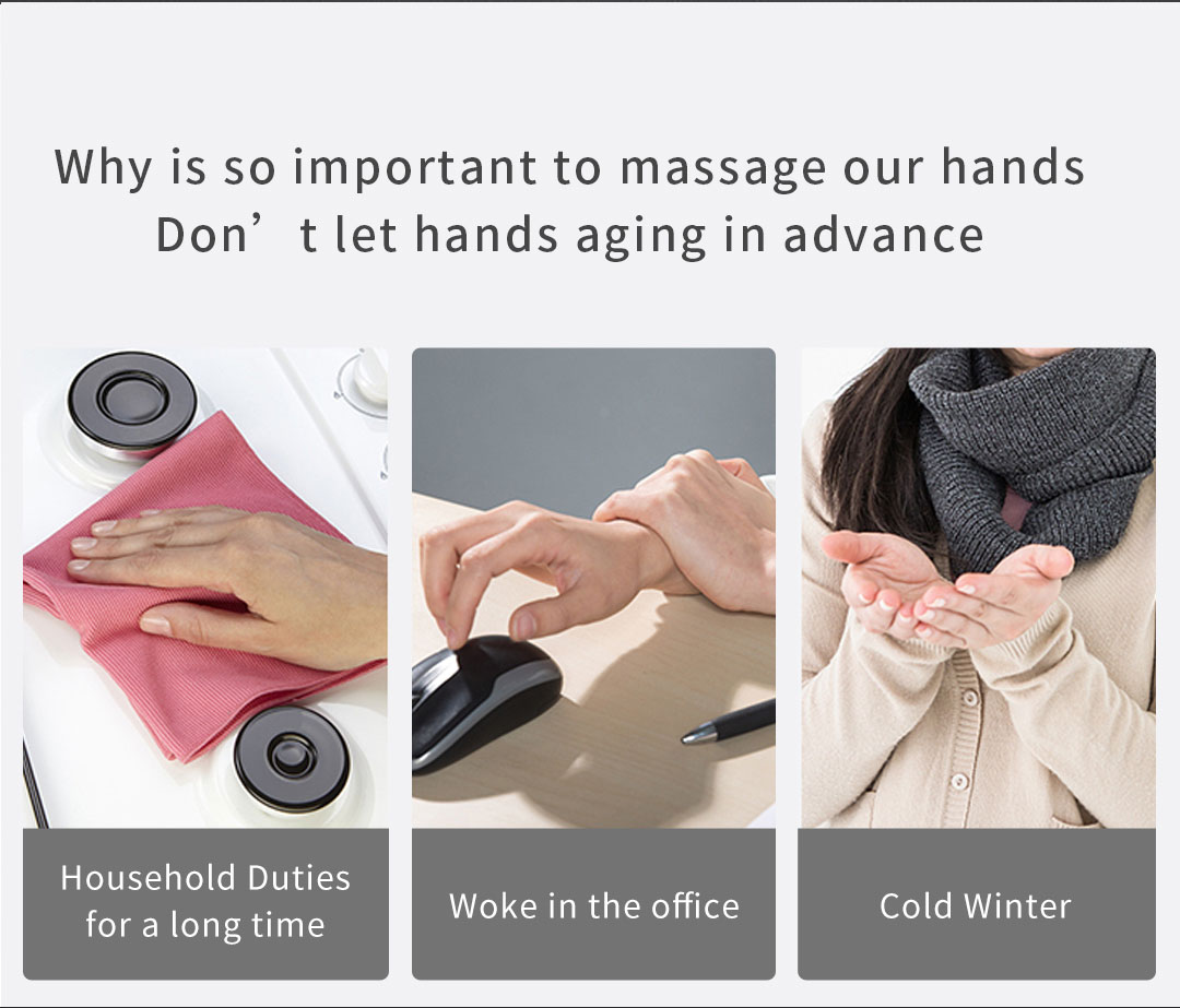 C20 Graphene Heated Hand Massager: household, office and winter use illustrations.