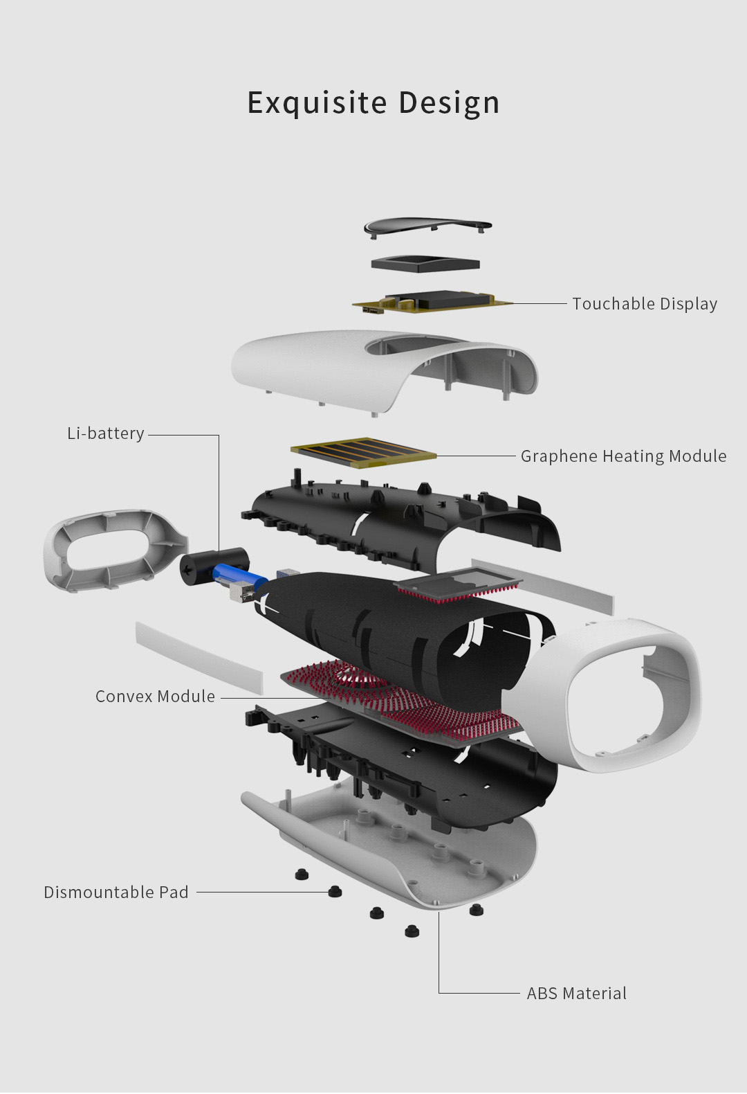 C20 Graphene Heated Hand Massager: exploded shell and internal module diagram.
