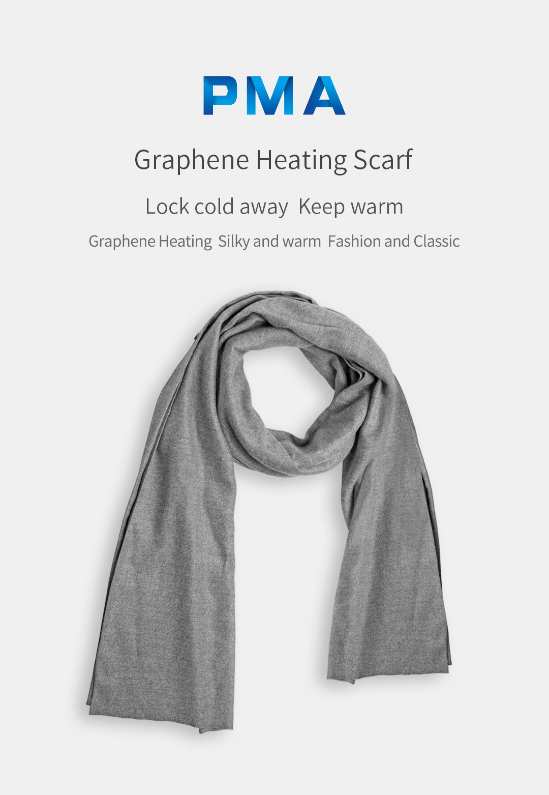 R10 Graphene Heated Scarf: gray scarf product overview.