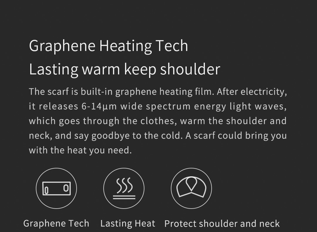 R10 Graphene Heated Scarf: heating technology information panel.
