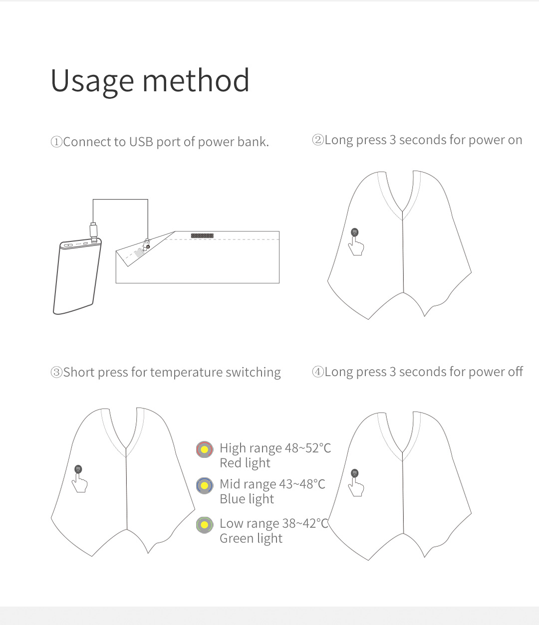 R10 Graphene Heated Scarf: connection and button operation guide.