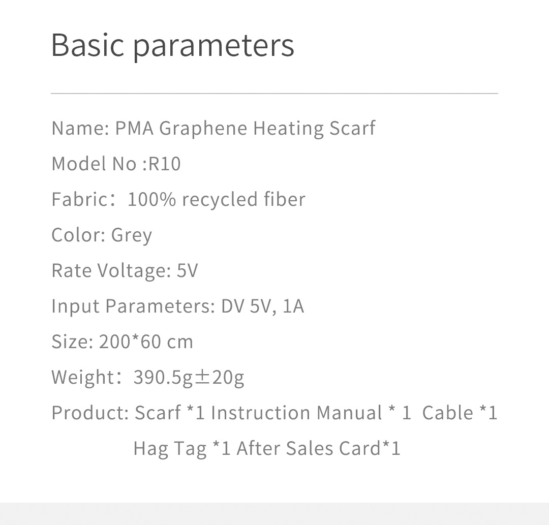 R10 Graphene Heated Scarf: product specification panel.
