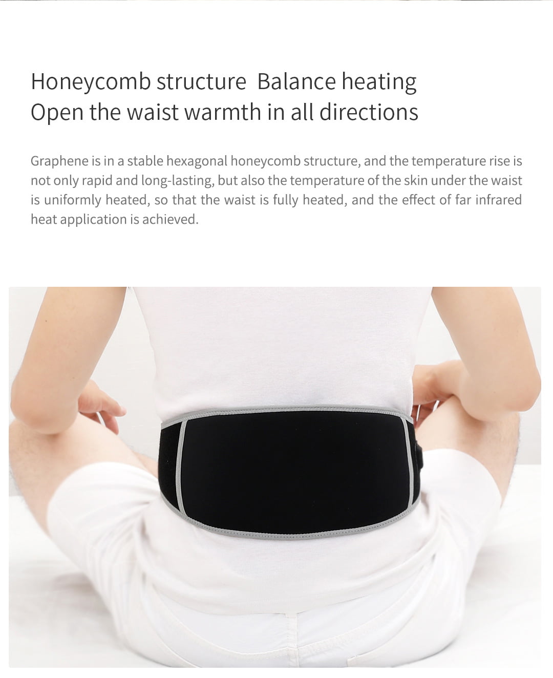F10 Graphene Heating Salt & Herb Belt: front wearing view with heating area illustration.