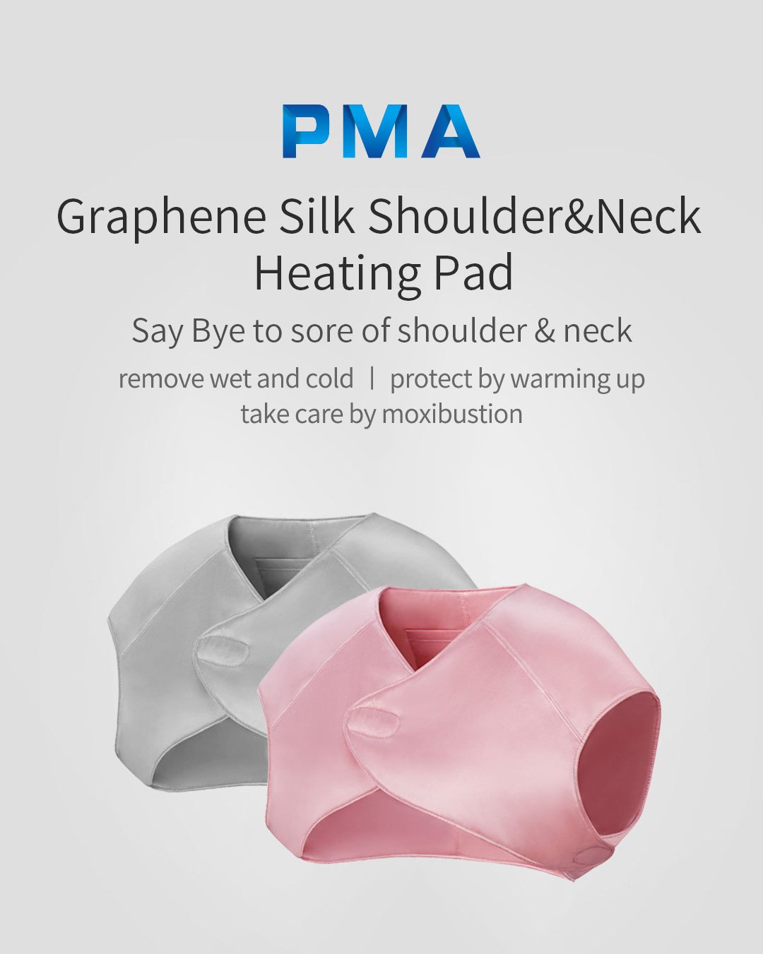 T10 Graphene Heated Silk Shoulder Neck Pad: gray and pink shoulder wrap overview.