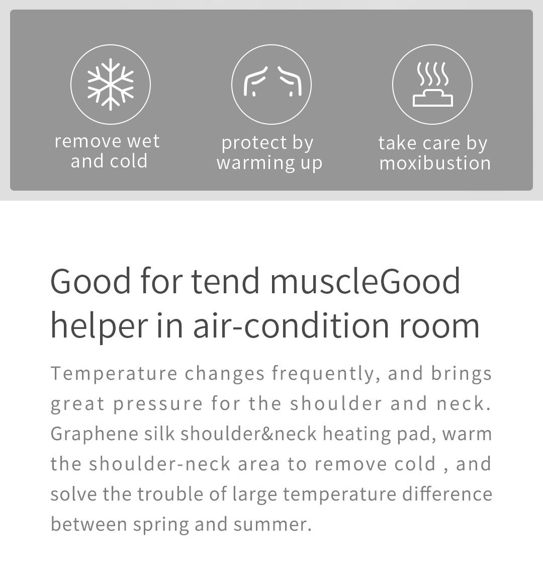 T10 Graphene Heated Silk Shoulder Neck Pad: heating and comfort feature information panel.