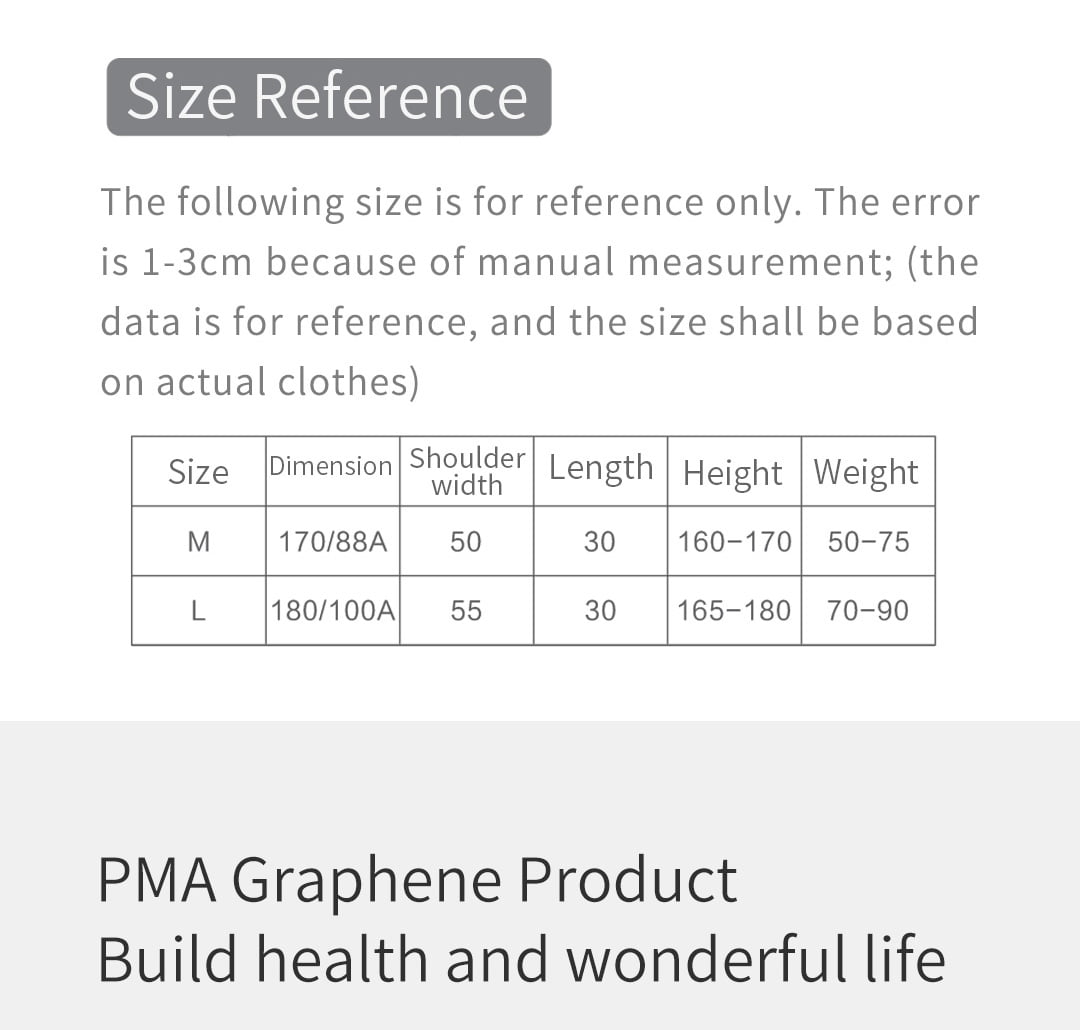 T10 Graphene Heated Silk Shoulder Neck Pad: garment sizing reference table.