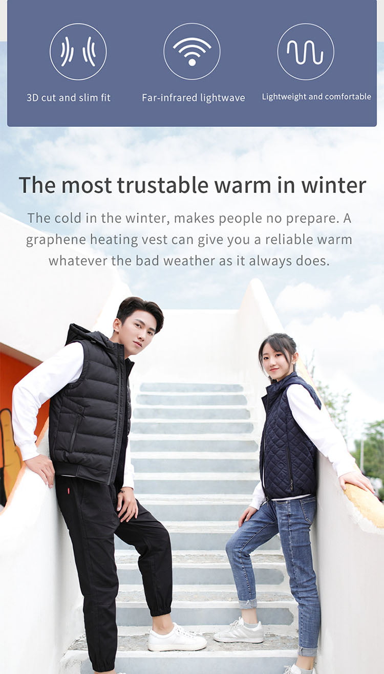 J10 Graphene Heated Casual Vest: couple wearing scene with feature icons.