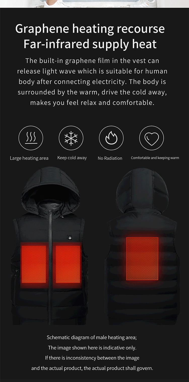 J10 Graphene Heated Casual Vest: black vest front and rear heating zones.