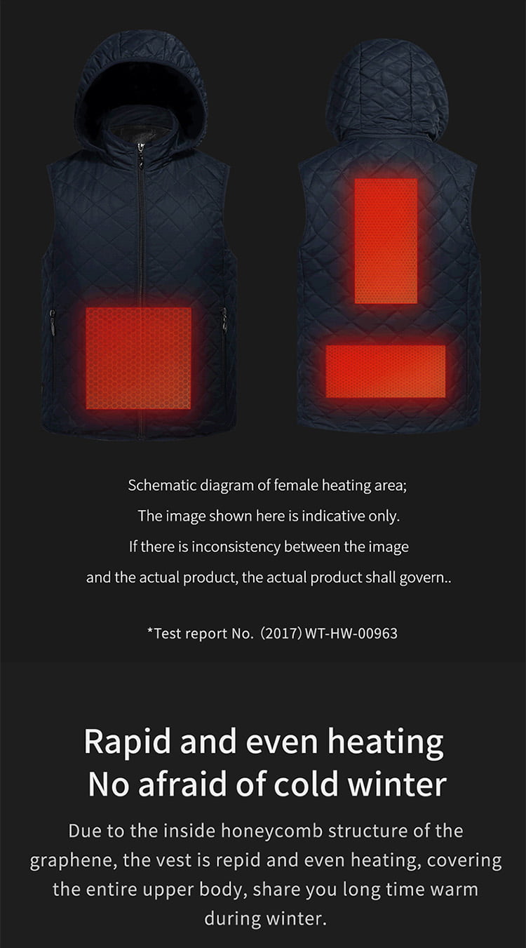 J10 Graphene Heated Casual Vest: blue vest front and rear heating zones.