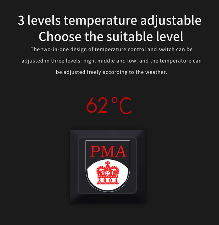 J10 Graphene Heated Casual Vest: power button and temperature indicator graphic.