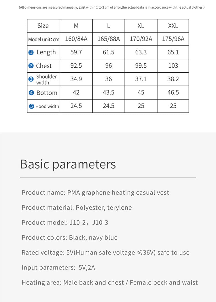 J10 Graphene Heated Casual Vest: size chart and product specifications.