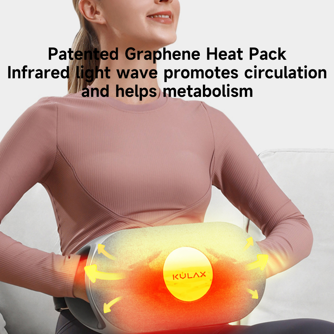 Graphene Multi-Purpose Hand & Abdomen Massager: seated abdominal use with warming graphic.