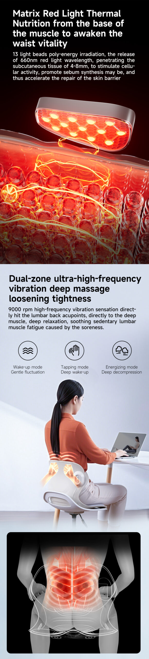 Posture Correction Massage Seat: heating element and back contact illustration.