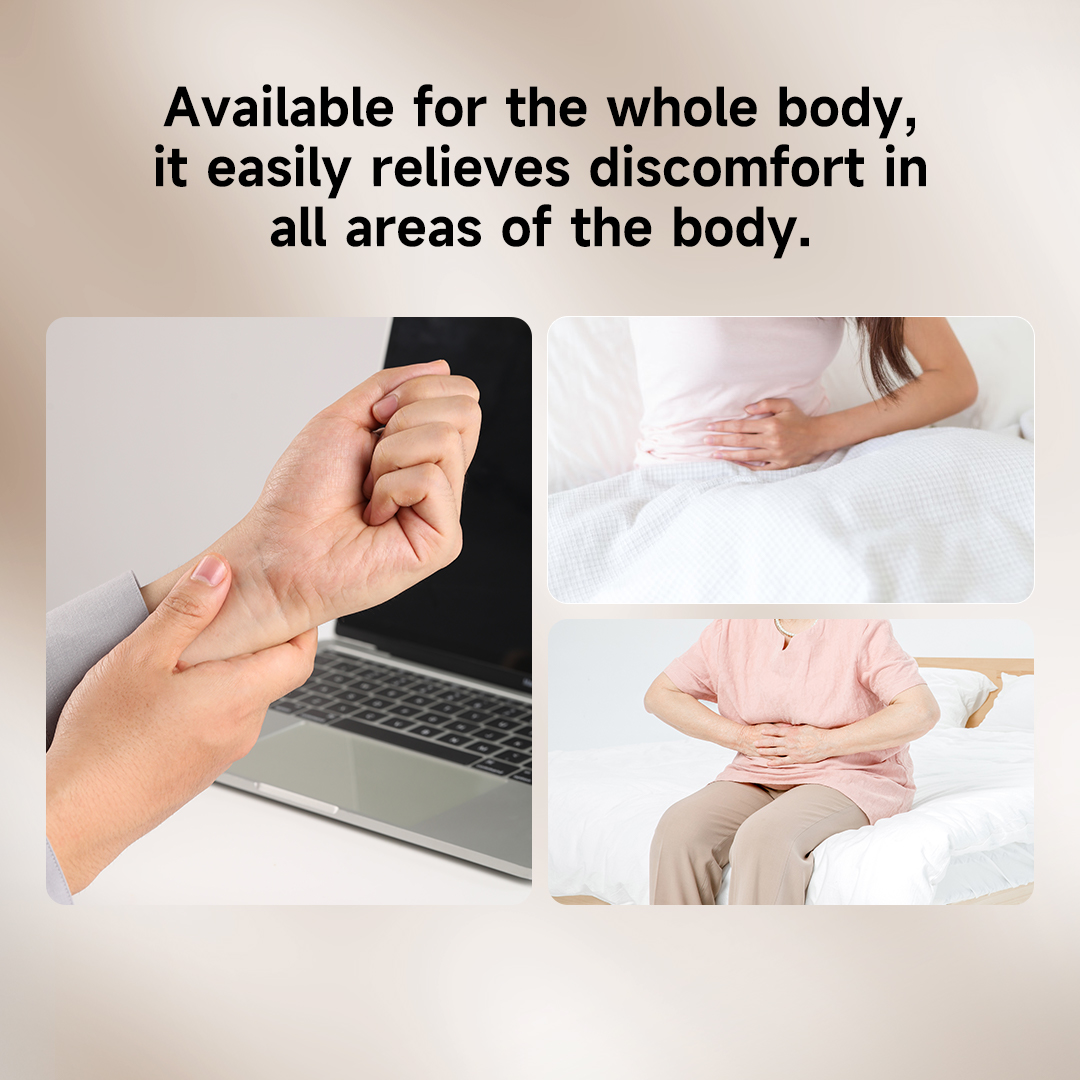 Graphene Multi-Purpose Hand & Abdomen Massager: hand and abdomen positioning examples.