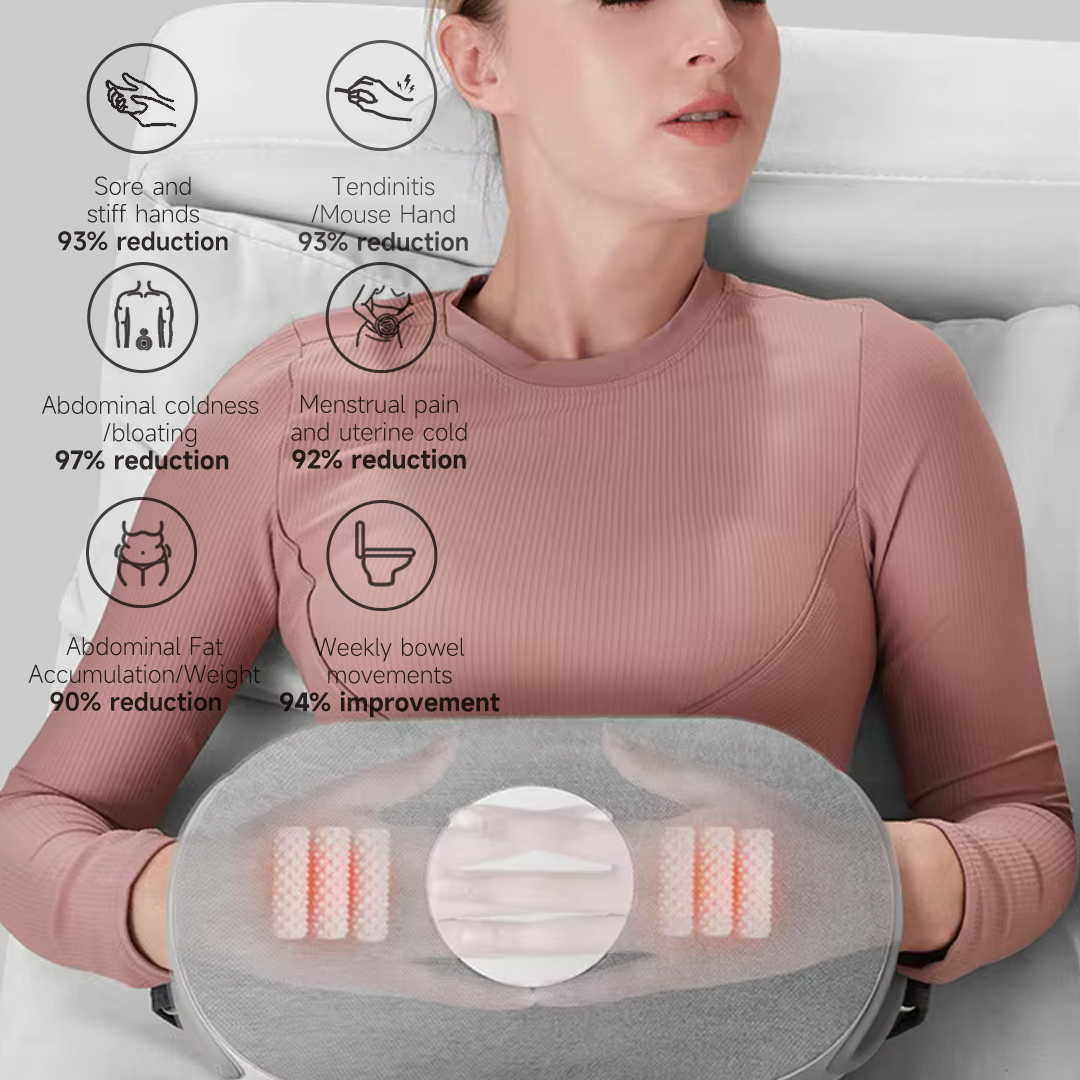 Graphene Multi-Purpose Hand & Abdomen Massager: woman holding the device against her abdomen.