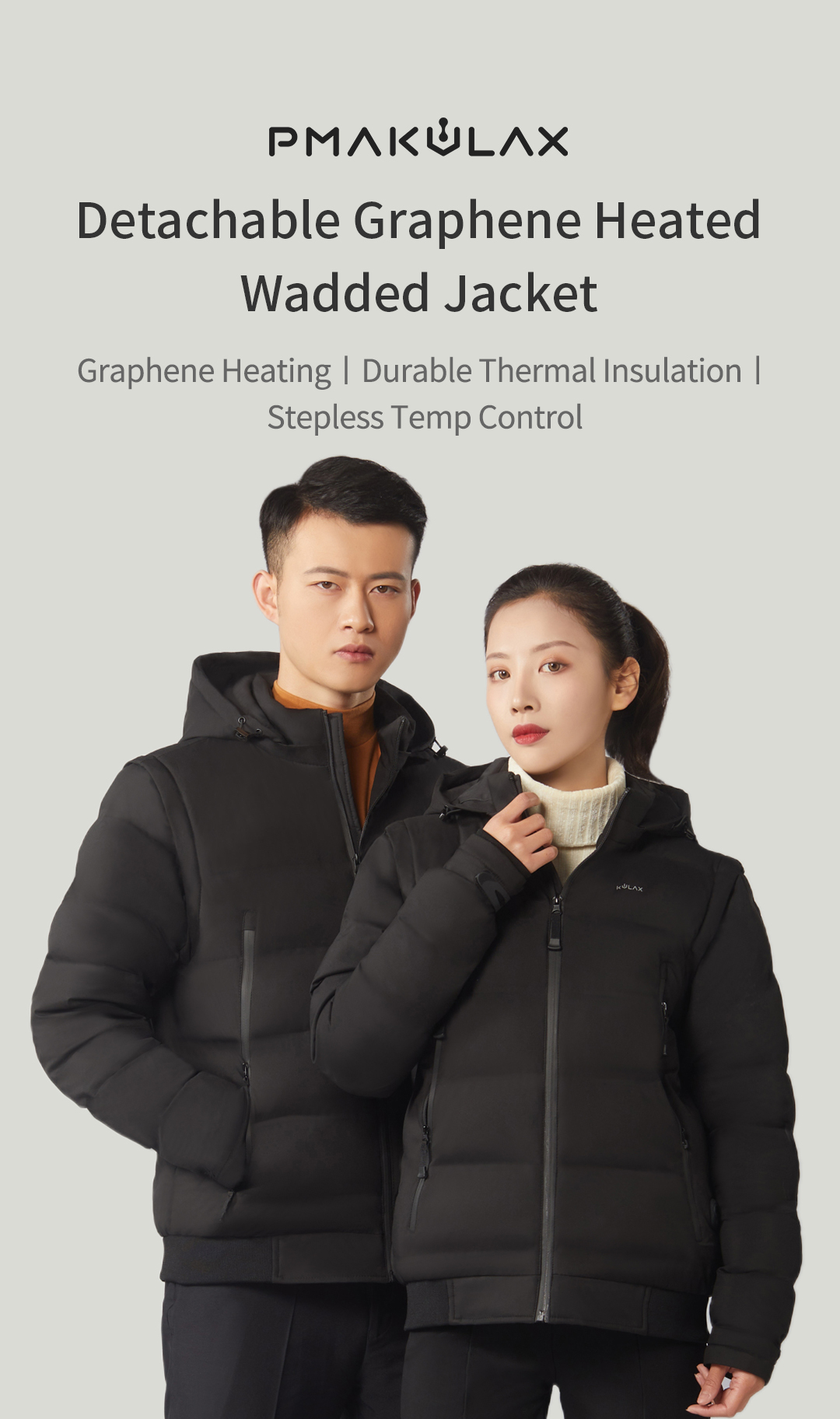 Graphene Heated Jacket: couple wearing black jackets, product overview.