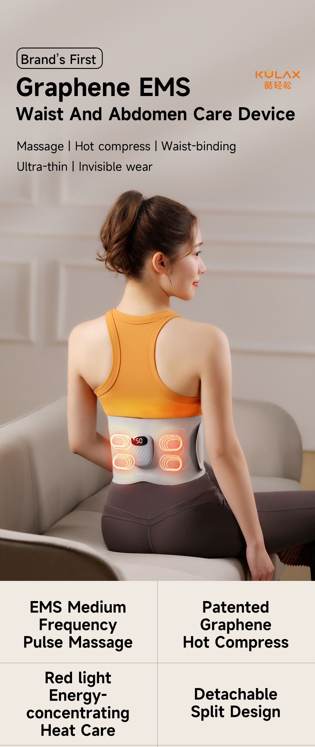 EMS Waist & Abdomen Care Device: rear wearing scene and product overview.