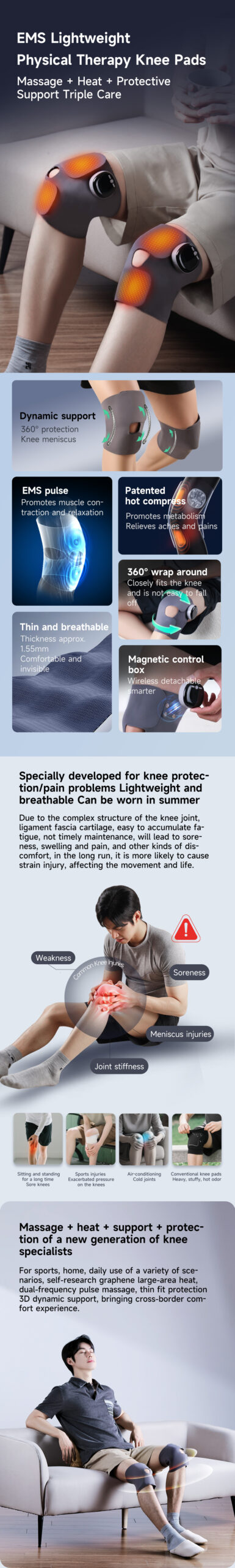 EMS Lightweight Knee Brace: extended device overview and wearing examples.