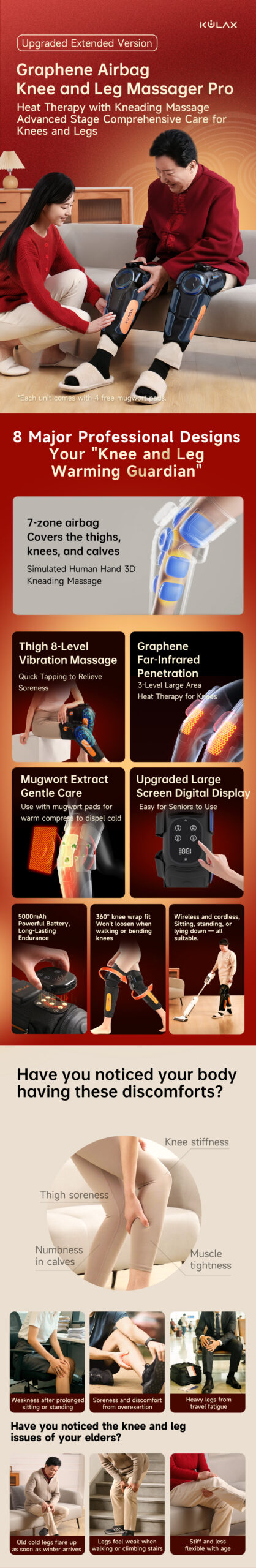 Graphene Airbag Knee & Leg Massager Pro: full product overview and wearing illustrations.