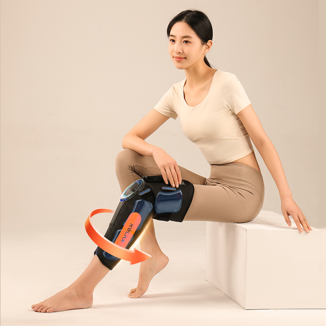 Graphene Airbag Knee & Leg Massager Pro: woman wearing a leg wrap with knee motion graphic.