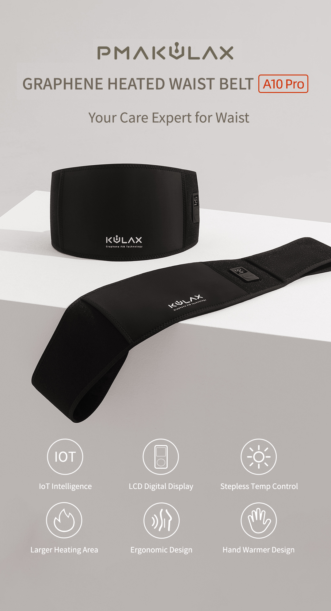 A10 Pro Graphene Heated Waist Belt: belt product overview on display blocks.