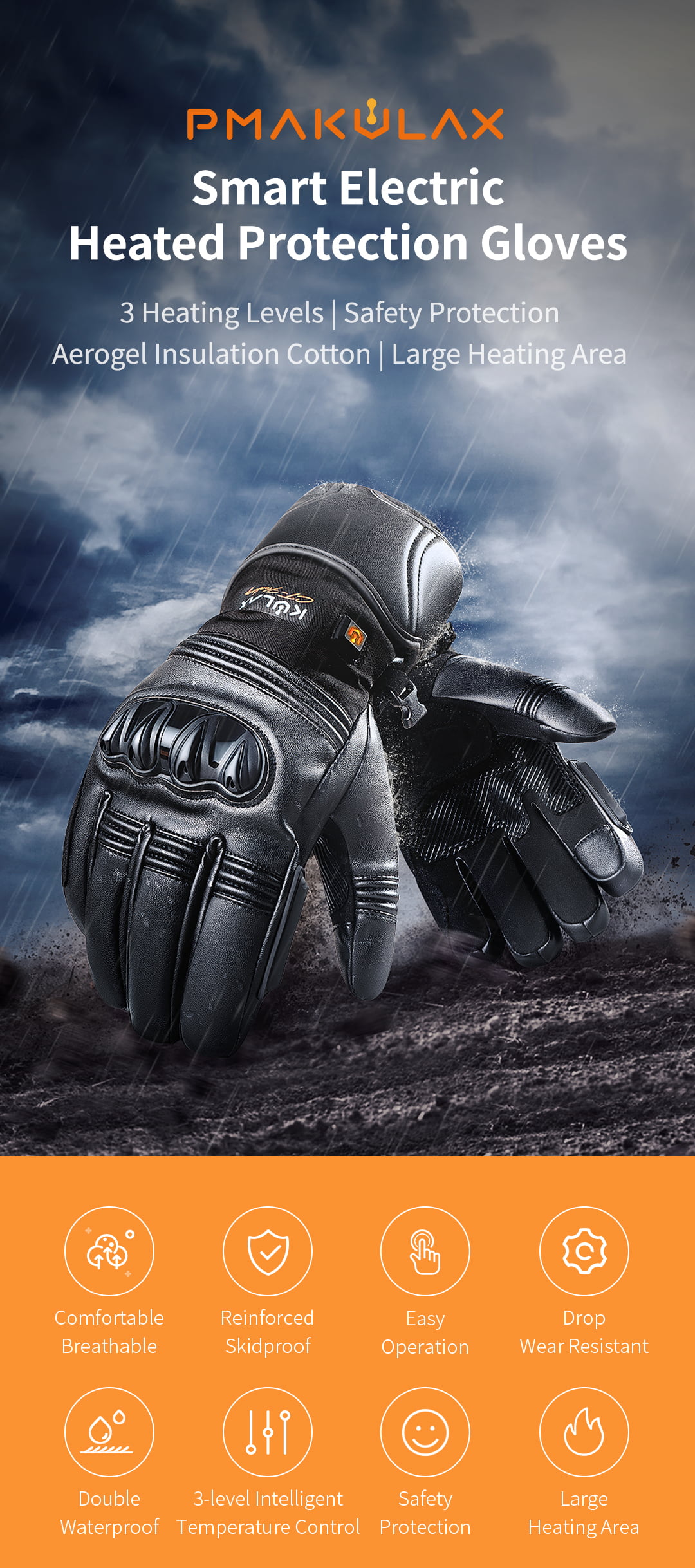Smart Heated Gloves with Touchscreen Control: black glove product display.
