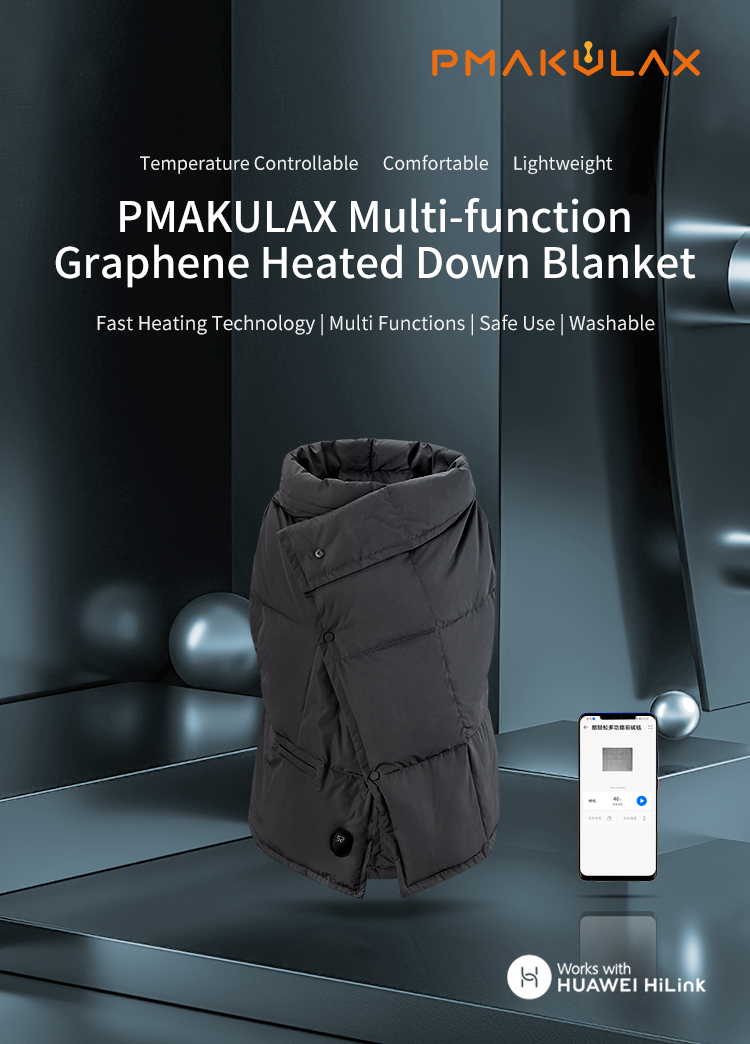 Multifunctional Graphene Heated Down Wrap: folded wrap and mobile control overview.