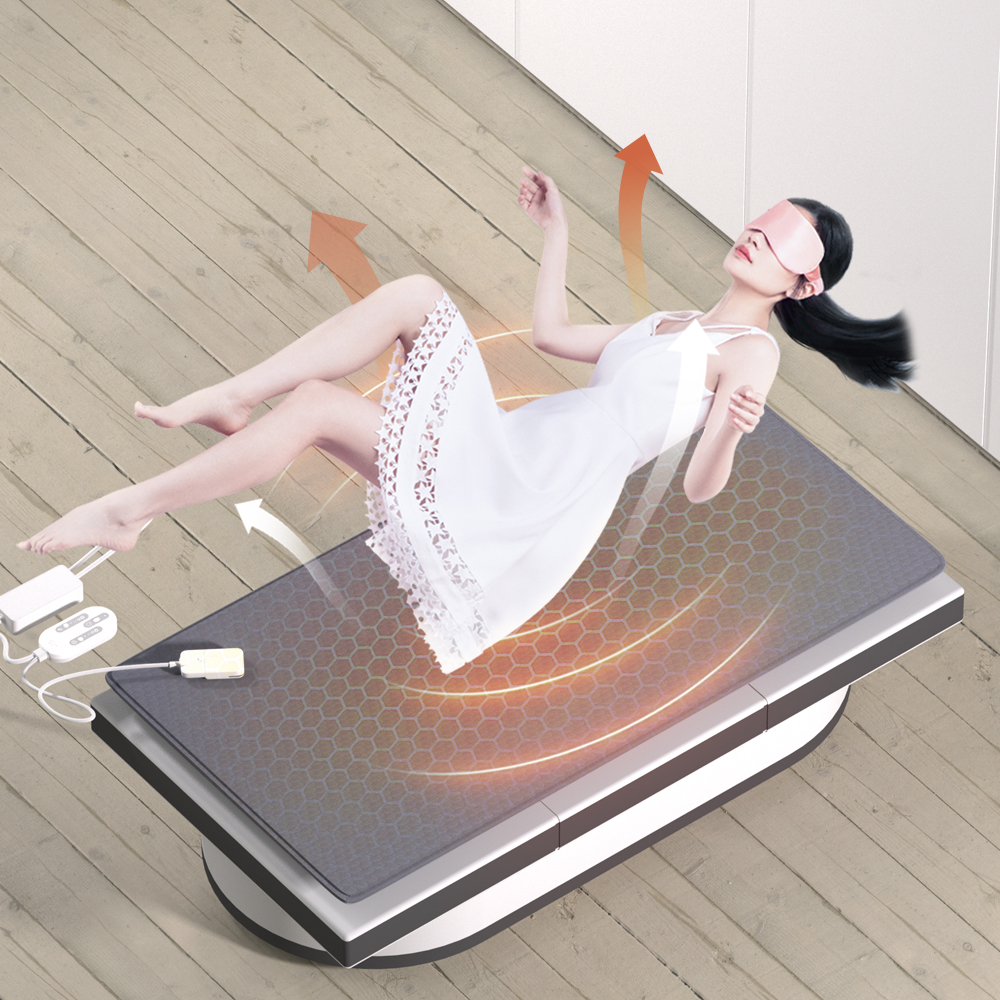 Graphene Heated Mattress Pad: reclining use and mattress layer illustration.